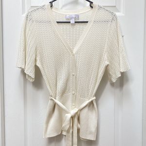 Nine & Co By Nine West V-neck Open Knit Button Front Short Sleeve Ivory Top